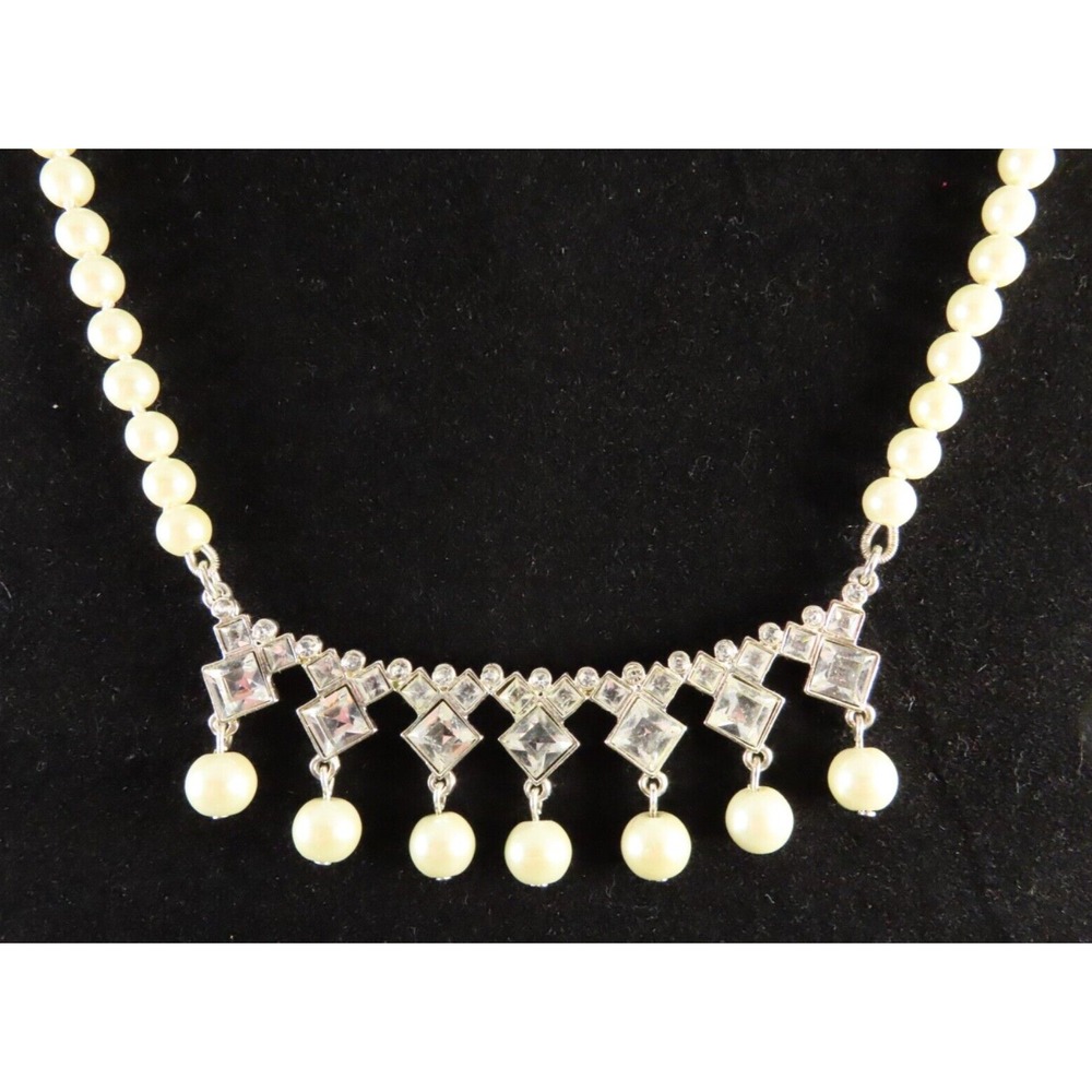 VTG Cezanne IVORY FAUX PEARL NECKLACE Silver Clear Rhinestone BAR DANGLE PENDANT